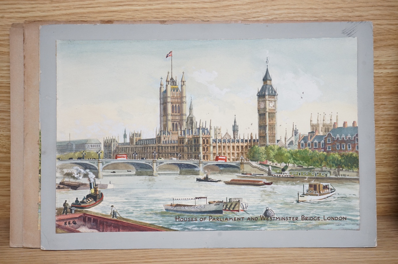 Frank Ernest Quinton (20th. C), a set of five original watercolours for postcard designs, London scenes comprising; ‘Houses of Parliament’, ‘Trafalgar Square’, ‘Westminster Abbey’, ‘Tower of London’ and ‘Horseguards, Whi